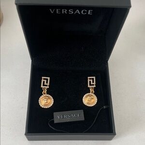 Versace Medusa Greca Gold Drop Earrings w/ Crystal Halo – Authentic